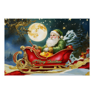 Póster Vintage Papai Noel em Sleigh, Lua cheia, Estrelas