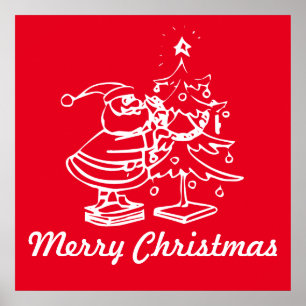 Poster Vintage Papai Noel vermelho com árvore de Natal
