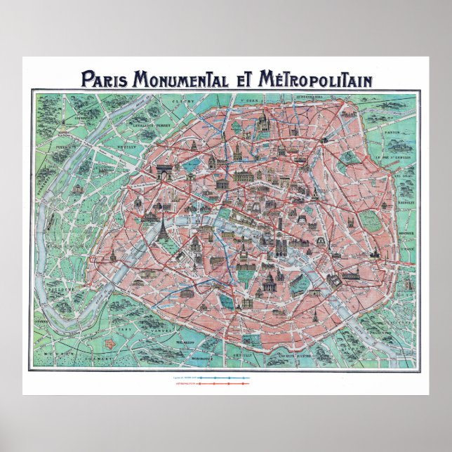 Póster Vintage Paris França Mapa 1932 (Frente)