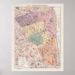 Poster Vintage Paris Map, 1900 - 20 Arrondissement