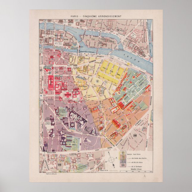 Poster Vintage Paris Map, 1900 - 5 Arrondissement (Frente)