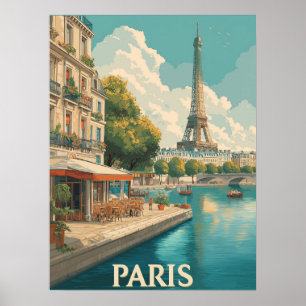 Poster Vintage Paris: Torre Eiffel e Café Seine