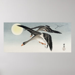 Poster Vintage - Pássaros Japoneses na Lua Cheia por Ohar