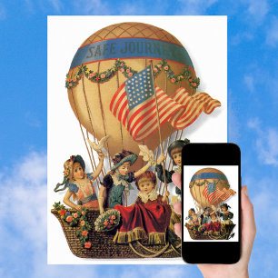 Póster Vintage Patriotic, Crianças num Balão de Ar Quente