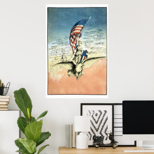 Póster Vintage Patriotic, Lady, Águia com Bandeira Americ