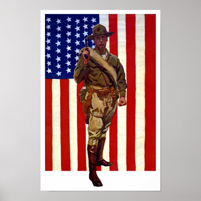 Poster Vintage Patriotic Soldier com Bandeira Americana (Frente)