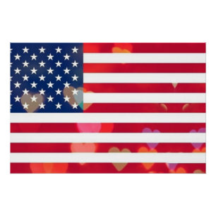 Póster Vintage Patriotic USA Flag com corações coloridos