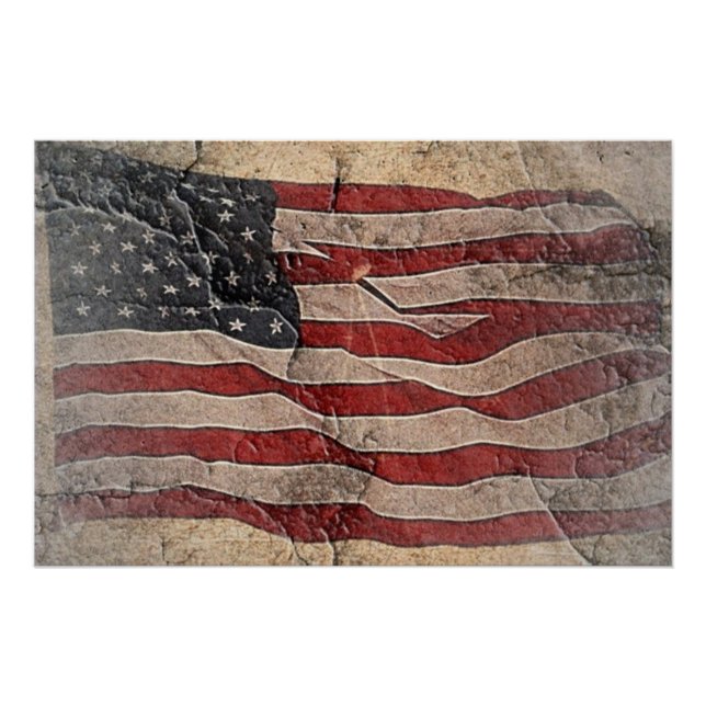Póster Vintage Patriotic USA Flag em Stone Wall (Frente)