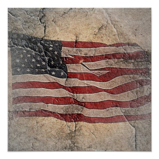 Póster Vintage Patriotic USA Flag em Stone Wall (Frente)