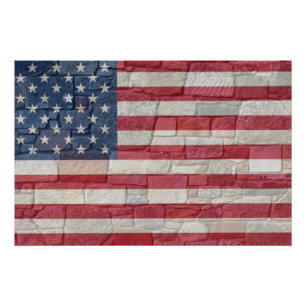 Póster Vintage Patriotic USA Flag em Stone Wall