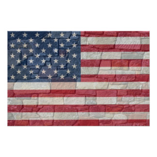 Póster Vintage Patriotic USA Flag em Stone Wall