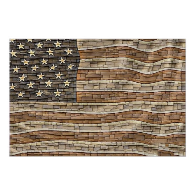 Póster Vintage Patriotic USA Flag em Stone Wall (Frente)