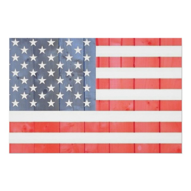 Póster Vintage Patriotic USA Flag em Wooden Fence (Frente)