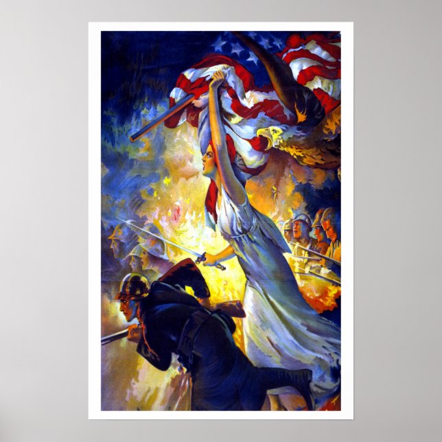 Poster Vintage Patriótica Lady Liberty American Flag Eagl (Frente)