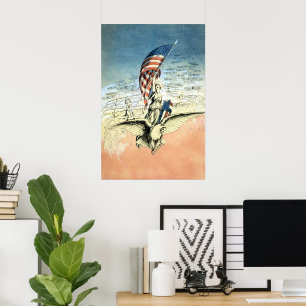 Póster Vintage Patriótico, Senhora, Águia com Bandeira Am