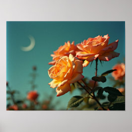 Poster Vintage Peach Roses Under Blue Crescent Moon Sky