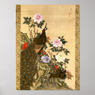 Poster Vintage Peacocks e Peonies Japoneses