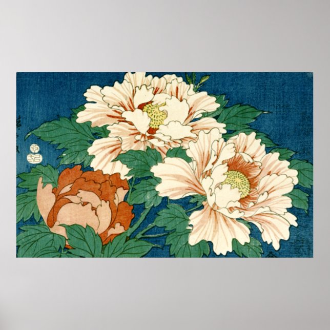 Poster Vintage Peonies em Azul (Frente)