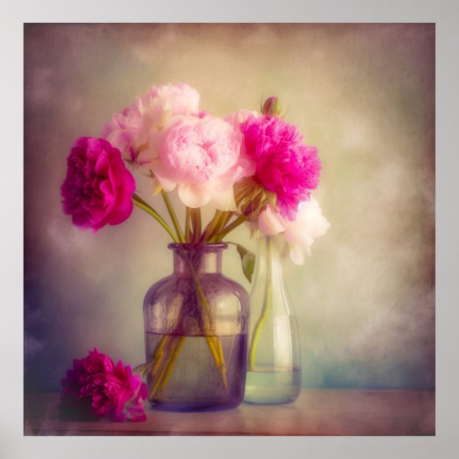 Poster Vintage Peony Buquê em Vaso de Vidro (Frente)