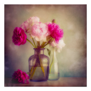 Póster Vintage Peony Buquê em Vaso de Vidro