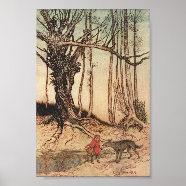 Póster Vintage Pequeno Chapéu Vermelho em Floresta com Lo (Frente)