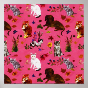 Poster Vintage Pet Cat Dogs Floral Garden Party