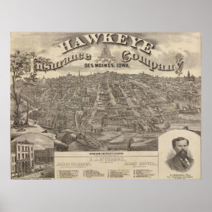 Poster Vintage Pictorial Map of Des Moines Iowa (1875)