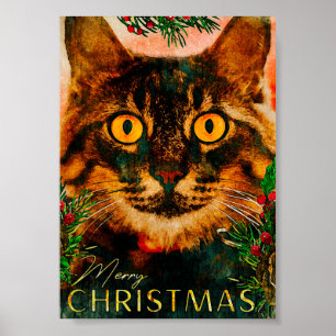 Poster Vintage Pine Branch E Leaf Cat Feliz Natal