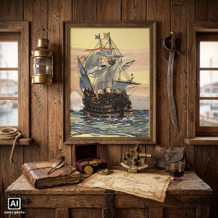 Póster Vintage Pirate Ship, Galleon Seleando no Oceano