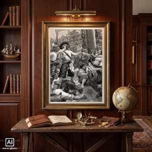 Póster Vintage Pirates Bebendo e Luta no Navio