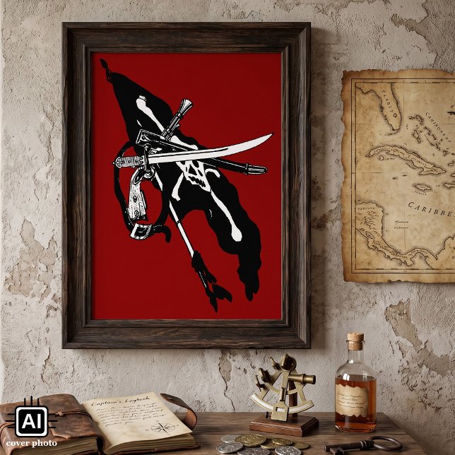 Poster Vintage Pirates Flag, Jolly Roger Skull Crossbones (Vintage illustration featuring a pirate flag, aka the Jolly Roger (a skull and crossbones).)