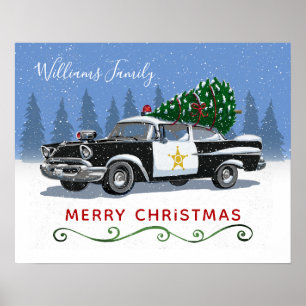 Poster Vintage Polícia Carro Feliz Monograma de Natal