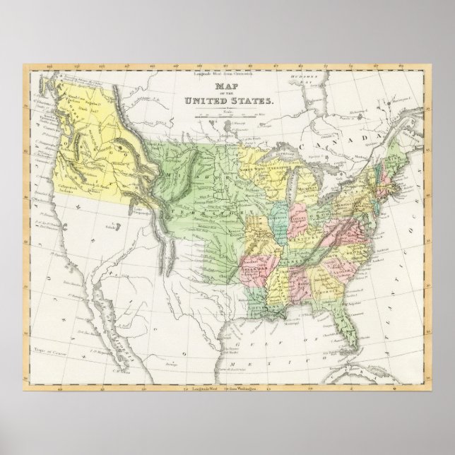 Poster Vintage Política dos Estados Unidos Mapa (1833) (Frente)