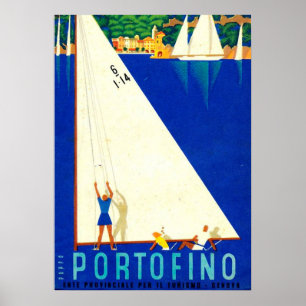 Poster Vintage Portofino Blue Sea White Barcos à vela Tur