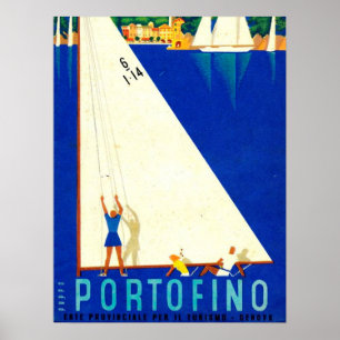 Poster Vintage Portofino Blue Sea White Barcos à vela Tur
