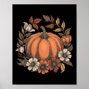 Poster Vintage Pumpkin Floral Design Fall Harvest Thankg