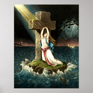 Poster Vintage que adere-se ao cristo a rocha na fé 1871