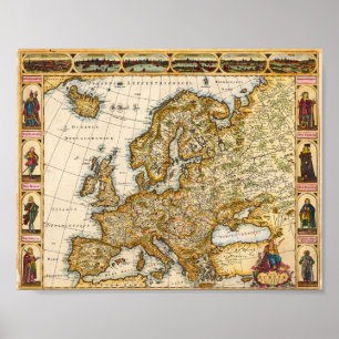 Poster Vintage que olha o mapa de Europa