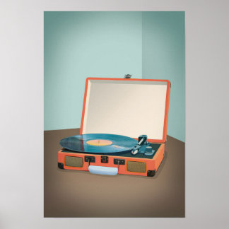 Poster Vintage Record Player Com Registro De Vinilo