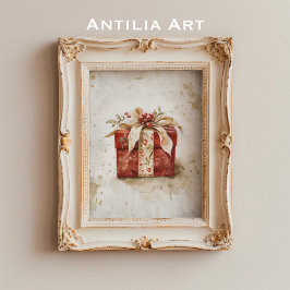 Poster Vintage Red Christmas Gift Box Painting Xmas