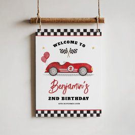 Poster Vintage Red Race Car Dois Aniversário Rápido Bem-v