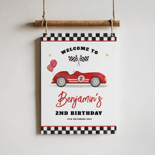 Poster Vintage Red Race Car Dois Aniversário Rápido Bem-v