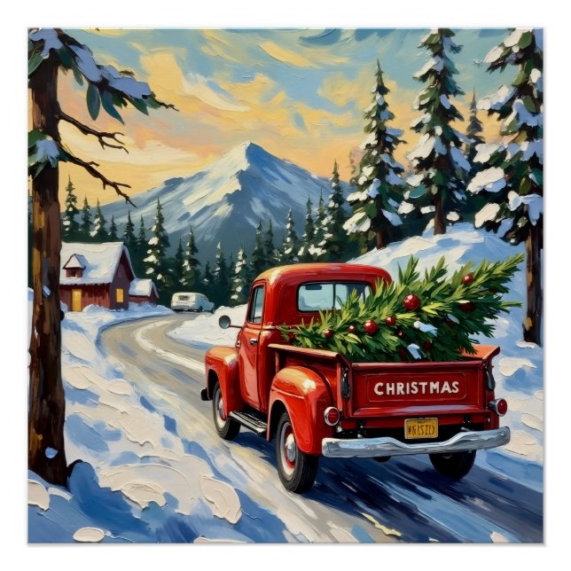 Póster Vintage Red Truck Carrying Christmas Tree (Frente)