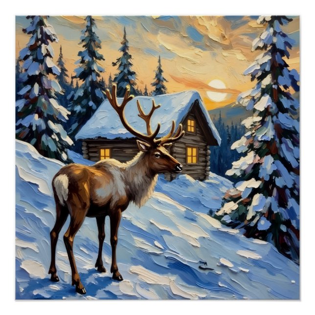 Póster Vintage Reindeer by Snowy Cabin Christmas Painting (Frente)