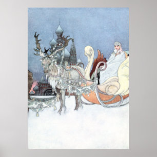 Póster Vintage Reindeer e Sleigh por Charles Robinson