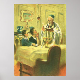 Poster Vintage Religion, Judaism, Lighting the Menorah