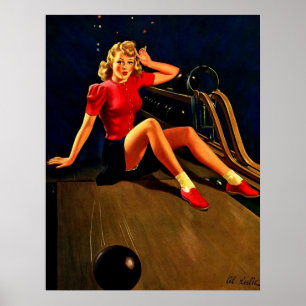 Póster Vintage Retro Al Buell Boliche Pin-up Girl