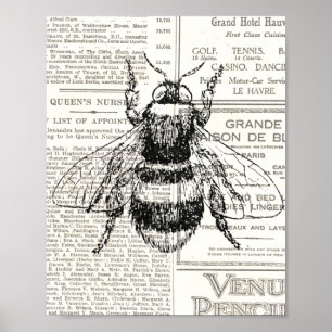 Poster Vintage Retro Bee Newsprint Black and White