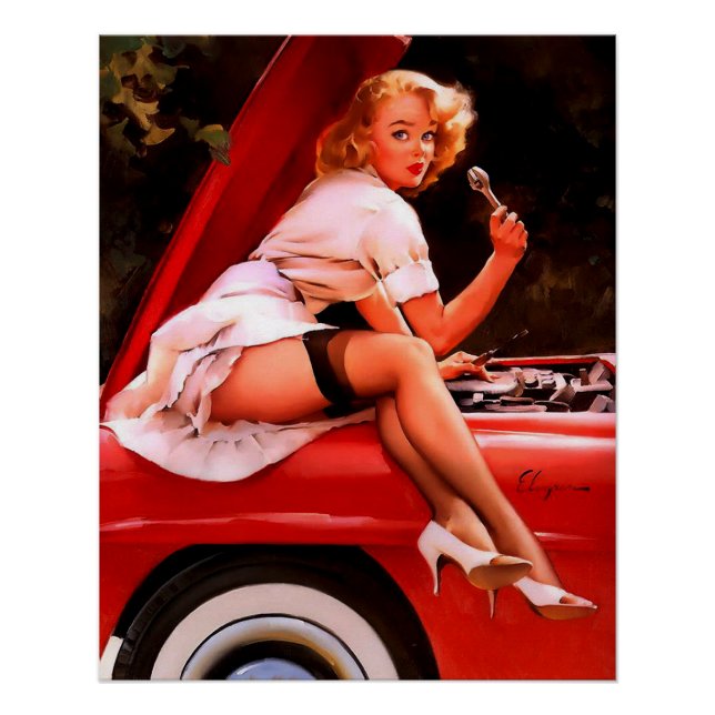Póster Vintage Retro Car Mechanical Pinup Girl (Frente)