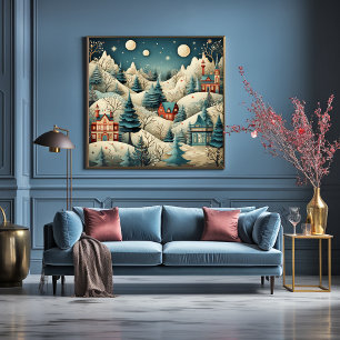 Poster Vintage Retro Christmas Village Pine Tres Snow